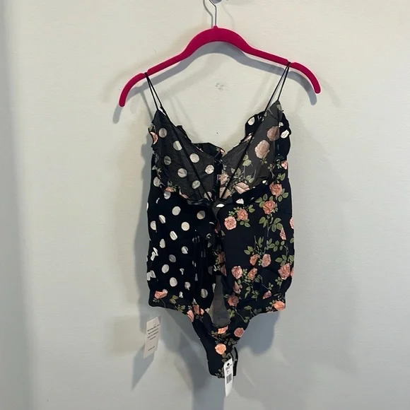 For Love & Lemons black polka dot floral “Mochi” thong bodysuit M NWT